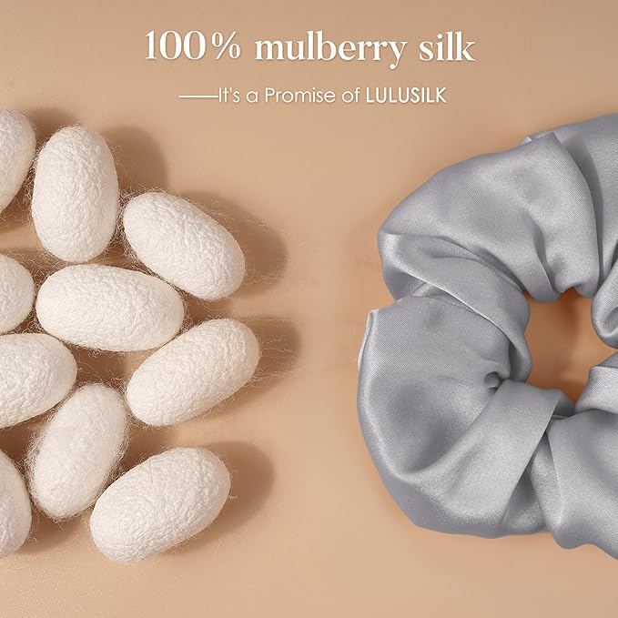 LULUSILK Silk Scrunchies for Hair Sleep, 100% Real Mulberry Silk, No Damage Hair Ties for Women and Girls, Black White and Silvergrey, Pack of 3