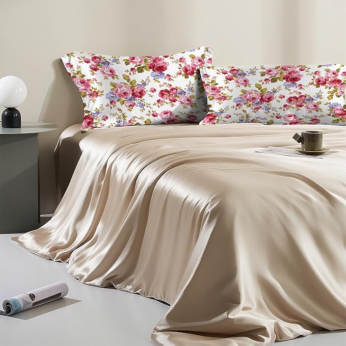 Satin Pillowcase 1 Pack-Rose Flower Floral Silky Pillow Cover for Hair and Skin,Standard Size 20x26 Inch Soft Cooling Printed Pillow Cases with Hidden Zipper,Gifts for Women Men