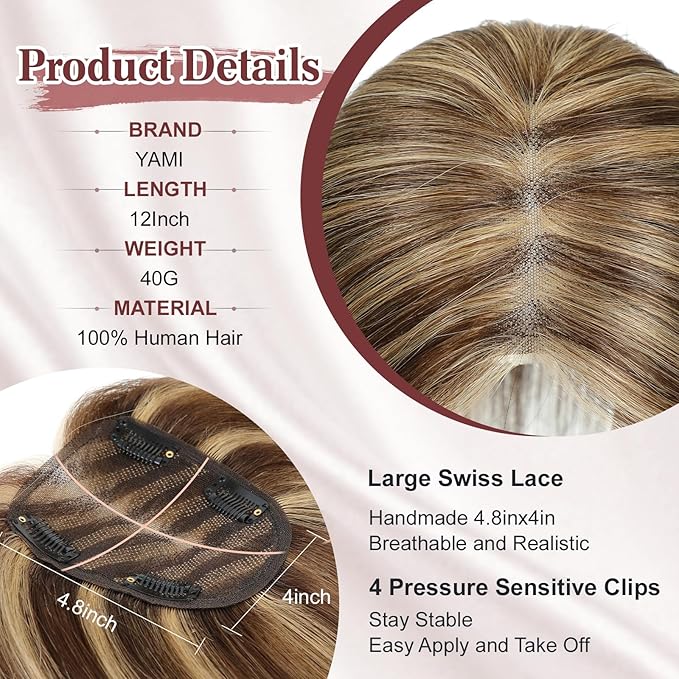 YAMI Hair Topper For Women, 100% Remy Human Hair For Women With Thinning 12 inch 40g Medium Auburn Brown