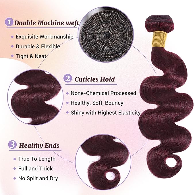 99J Human Hair Bundles Body Wave Burgundy Dark Red Wine Color Body Wave Bundles 100% Real Human Hair And True To Length 12 14 16 Inch 3 Pcs/Pack