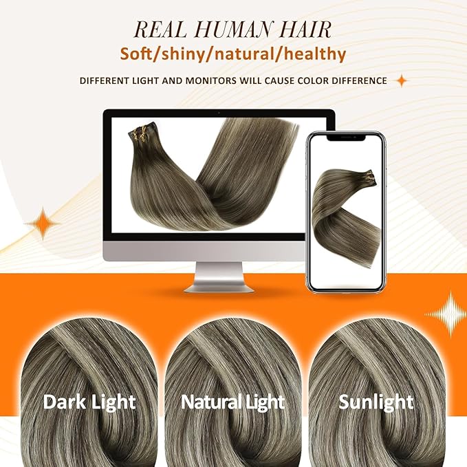 Full Shine Short Hair Extension Clip ins Brown Ombre Hair Clip in Extensions with PU Weft Ash Brown Balayage Blonde Remy Hair for Women 12 Inch 8 PCS 95 G