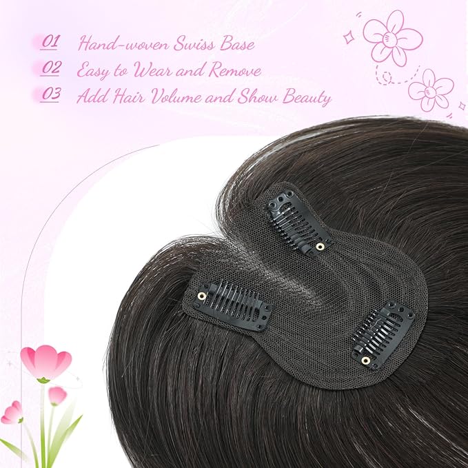 YAMI Hair Toppers for Women Fluffy Human Hair Topper 10inch Handmade Swiss Base Hairpieces 360° Cover Hairloss (Dark Brown)