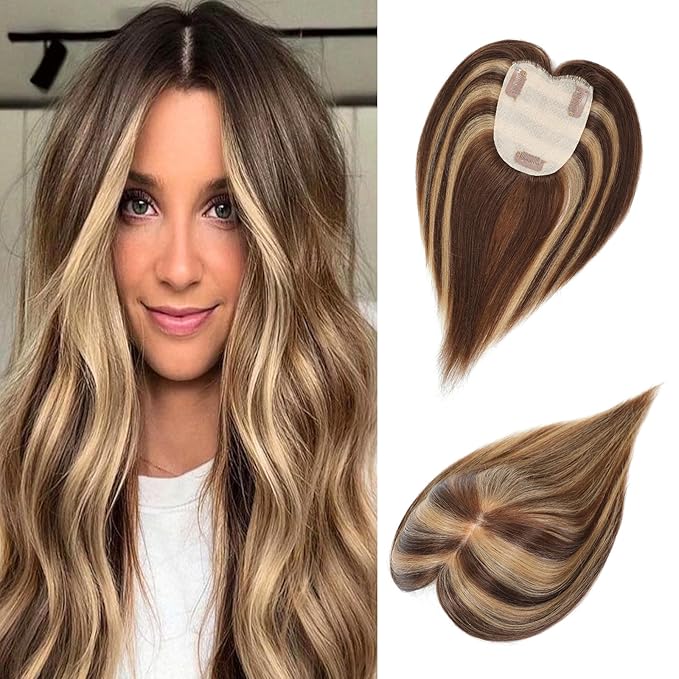 Human Hair Toppers for Women with Thinning Hair Real Human Topper Crown No Bangs 10 Inch #4P27 Medium Brown mix Dark Blonde