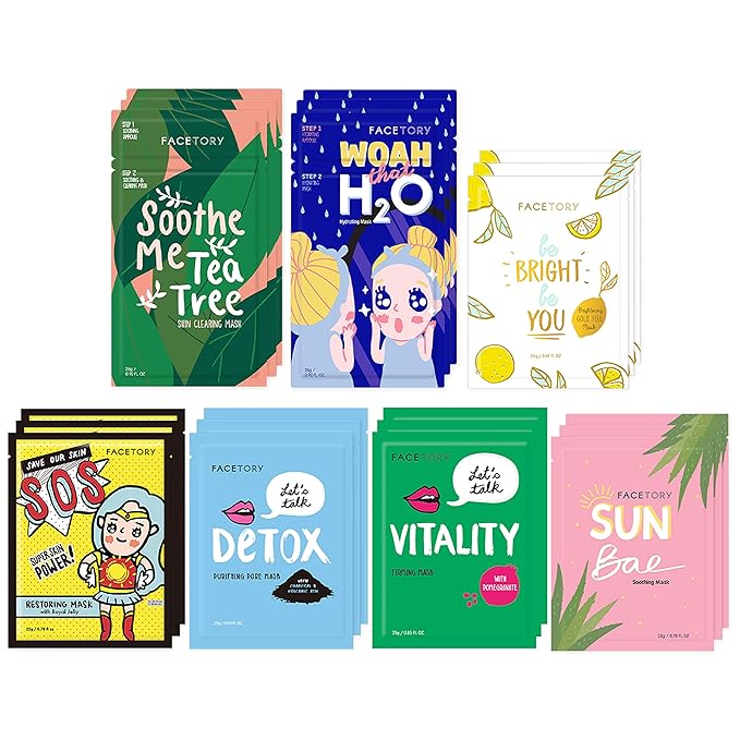FACETORY K Beauty Face Mask Skin Care - BEST OF 7 COLLECTION Sheet Mask Set (21 pc) | Natural Premium Korean Face Mask For All Skin Types - No Sulfates No Parabens