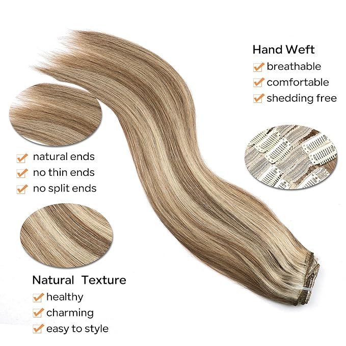 Straight Clip In Hair Extensions Real Human Hair 8Pcs Clip In Balayage Chestnut Brown Highlight Blonde Human Hair Extensions with 18Clips Lace Weft 120g 24inch