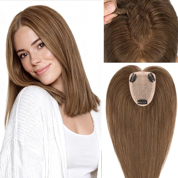 Rich Choices Human Hair Toppers for Women-100% Real Remy Hair Topper No Bang-Upgraded 150% Density 9 * 12CM Lace Base-Clip in Hairs Topper for Thinning Hairs-12Inch #4 Medium Brown