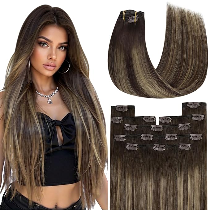 YoungSee 150G Clip in Hair Extensions Real Human Hair Balayage Brown Hair Extensions Clip ins Clip on Extension Real Human Hair Long Straight Hair Balayage Chocolate Brown Mix Caramel Blonde 24in 7pcs