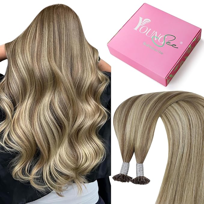 YoungSee K Tips Balayage Hair Extensions Hot fusion Pre Bonded Ktip Hair Extensions Human Hair Ombre Brown and Blonde 18In 1G/S 50G