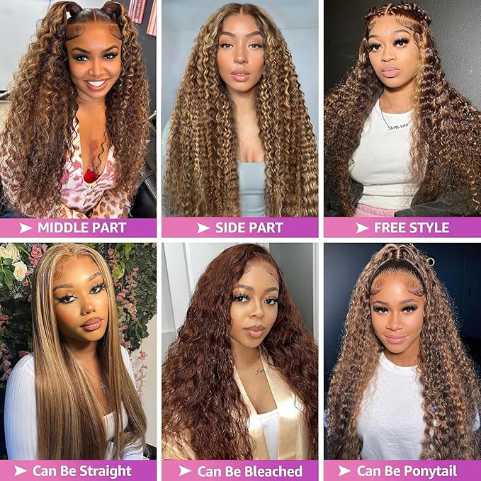 Honey Blonde Highlight Ombre Lace Front Wig Human Hair 210 Density 13x6 HD Lace Front Wigs Human Hair Deep Wave Curly Lace Frontal Wigs Pre Plucked with Baby Hair 32Inch