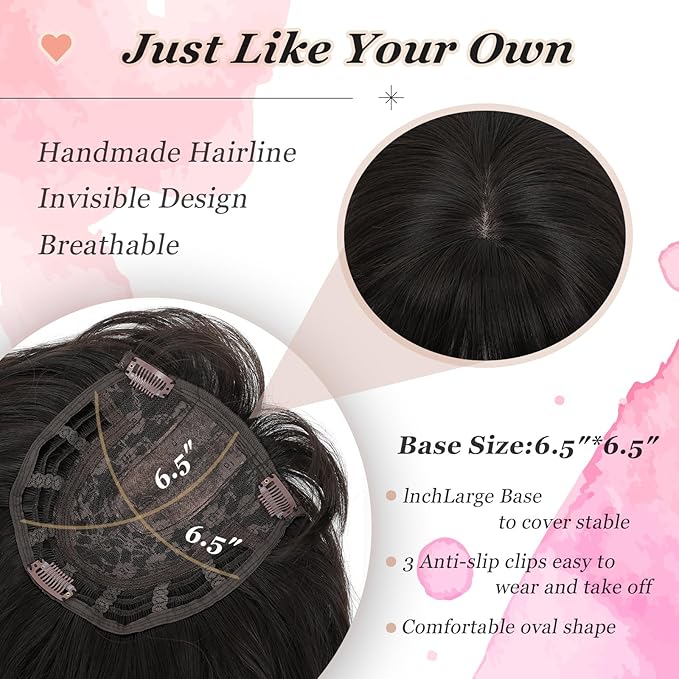 Hair Topper, 360° 3D Hair Toppers for Women with Thinning Crown, 20 Inch Long Wavy Curly Hair Pieces Clip in Bangs (Brown Black, 20 inch, French Bangs)