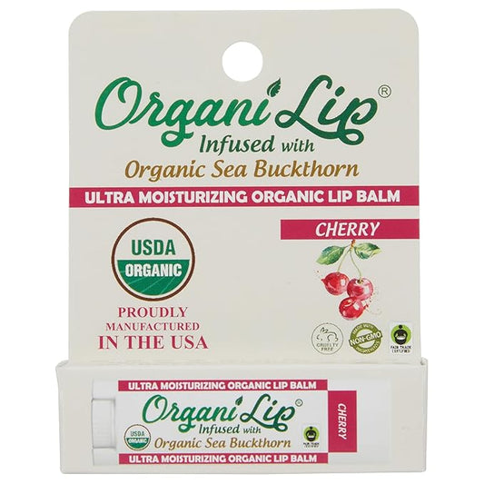 Organic Lip Balm, Cherry Flavor, Ultra Hydrating Lip Moisturizer for Cracked or Dry Lips, Infused With Organic Sea Buckthorn, Oval Shaped Tube, USDA Certified Organic, 1 Pack