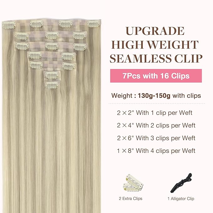 GOO GOO Clip in Hair Extensions Real Human Hair, Remy Human Hair Extensions Clip ins for Women, Natural Human Hair, 18inch 130g 7Pcs, 17A/60A Ash Blonde Highlighted Platinum Blonde