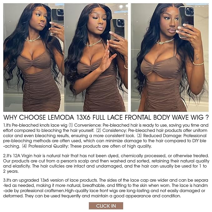 Lemoda Pre-Bleached Knots Full 13x6 Lace Frontal Virgin Human Hair Wigs 210% Density Body Wave 13x6 HD Transparent Lace Front Wig 18Inch Invisible Lace Tiny Knots Natural Black