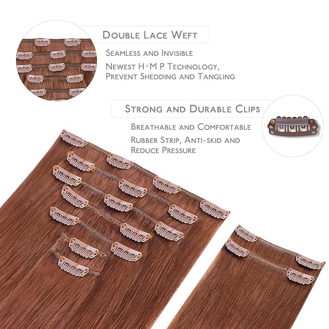 WENNALIFE Clip in Hair Extensions Real Human Hair, 22 Inch 150g 9pcs Human Hair Extensions Clip In, Dark Auburn Copper Hair Extensions Clip In Real Hair Coloured Remy Human Hair Extensions