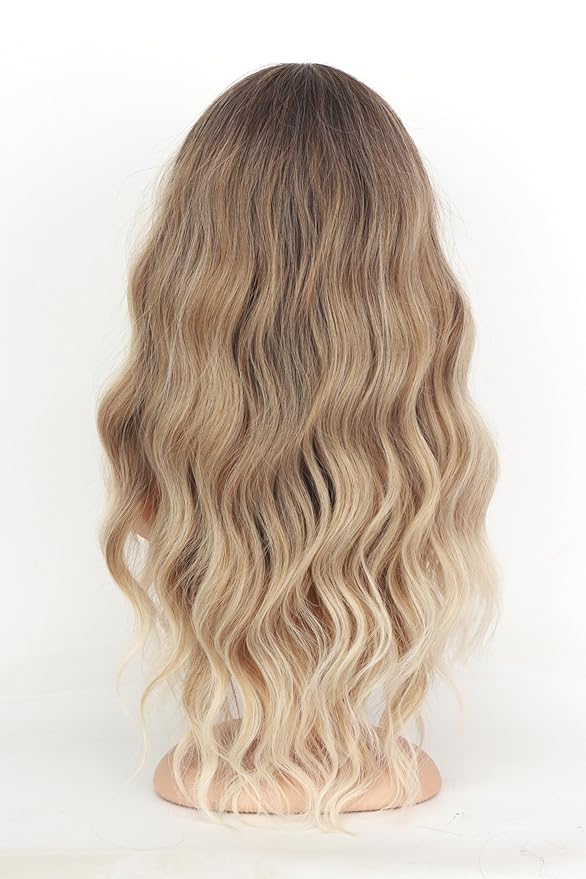 Ombre Dirty Blonde Wavy Wigs With Bangs For Women Medium Long Ash Blonde Synthetic Wigs For Daily Use （Dirty Blonde）