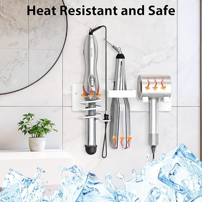Hair Dryer Holder Blow Dryer Holder for Wall Mount Curling Iron Holder Flat Iron 3 in 1 Bathroom Hair Tool Organizer Rack White