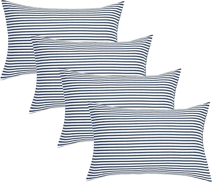 JELLYMONI 100% Natural Cotton Striped Queen Pillowcases Set, 4 Pack White and Dark Blue Stripes Pattern Printed Pillow Covers with Envelope Closure(Pillows are not Included)