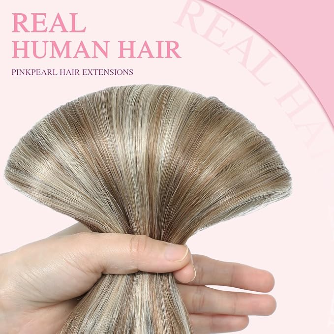 PINKPEARL Clip in Hair Extensions Straight Human Hair #8P60 Ash Brown Highlighted Platinum Blonde Clip in Extensions Remy Real Human Hair Extensions 7pcs 120g 16 Inch(#8P60-16)