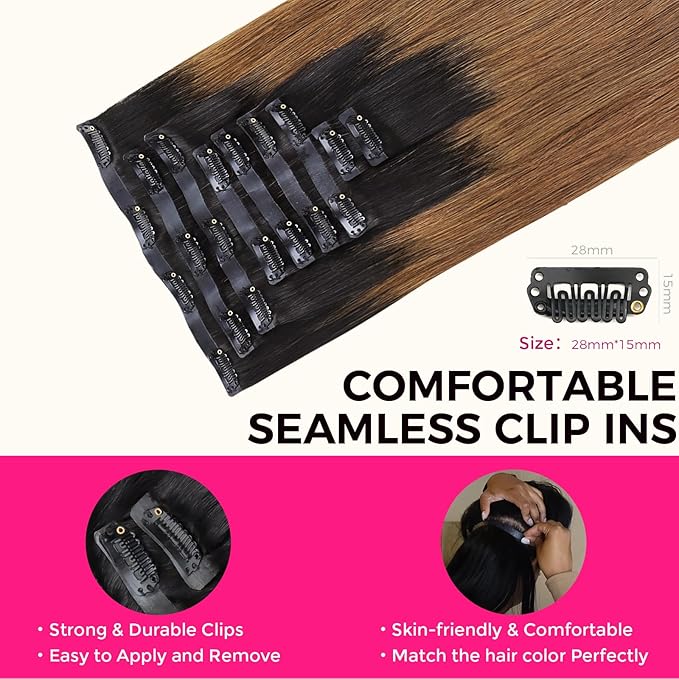 Lashey Seamless Clip in Hair Extensions Human Hair 150g 9pcs 22 Inch Ombre Natural Black to Medium Auburn Straight Clip in Hair Extensions for Women