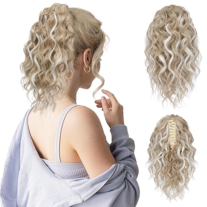FLUFYMOOZ Ponytail Extension, 12" Short Claw Ponytail Extension Wavy Curly Jaw Clip in Pony tails Hair Extension Natural Synthetic Hairpiece for Women (Light Blonde with White Blonde Highlight)