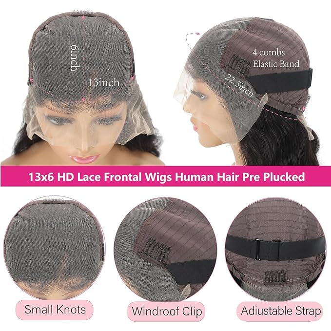 24 Inch 13x6 Lace Front Wigs Human Hair 200 Density Body Wave HD Lace Front Wigs Human Hair Pre Plucked Natural Color Glueless Wig 100% Virgin Human Hair Lace Front Wigs for Women