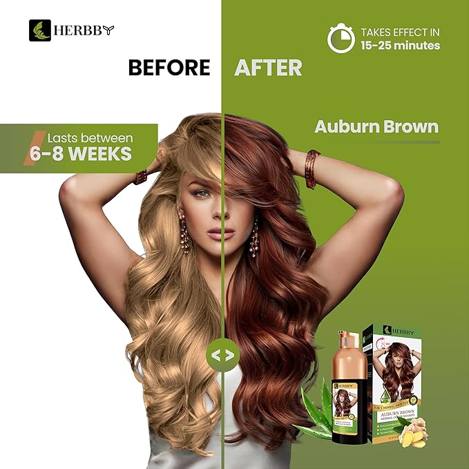 Hair Color Shampoo for Gray Hair Coverage&Color Transform with 9 Herbal Extracts –Long Lasting(6-8 Weeks),Shiny,Evenly Colored,Instant Hair Dye Shampoo&Conditioner,500 Ml (AUBURN BROWN COLOR)