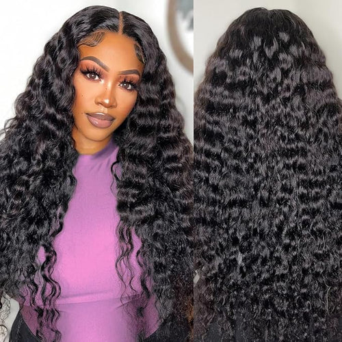 34 Inch 13×6 HD Lace Front Wigs Human Hair Water Wave 200 Density Lace Frontal Wigs Pre Plucked Deep Curly Human Hair Wig for Women Natural Black
