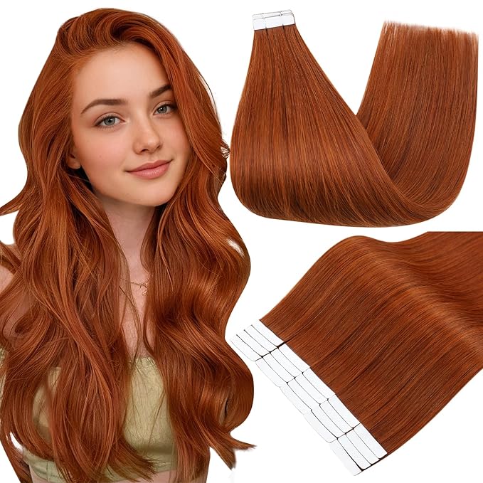 Full Shine Tape in Hair Extensions Human Hair Color 550 Copper 24 Inch Natural Straight Remy Human Hair Tape in Extensions 50Grams Invisible Seamless Skin Weft Real Hair 20PCS for Women