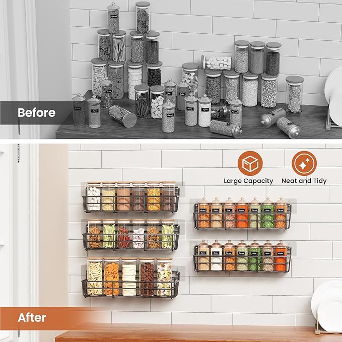 5 Pack Spice Rack Seasoning Organizer Wall Mount, Screw or Adhesive Hanging Shelf Basket Spice Organizer Shelf for Kitchen, Black