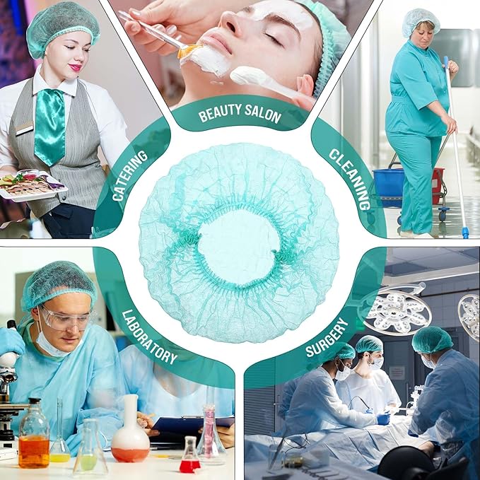 100 Pcs Disposable Nonwoven Bouffant Caps 21 Inch Hair Net Elastic Cap Hair Cover Hats for Beauty Salon Hospital Spa Catering Dust-free Workspace(Green)