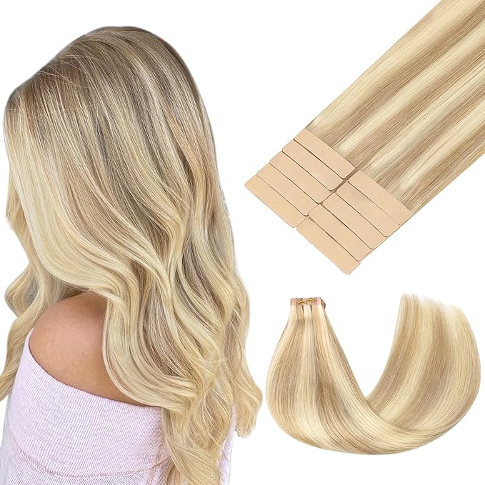 GOO GOO Tape in Hair Extensions Human Hair, 18A/613A Dark Blonde Highlighted Bleach Blonde, 14inch 25g 10pcs, Skin Weft Seamless Invisible, Silky Straight with Thick Ends, Remy Human Hair
