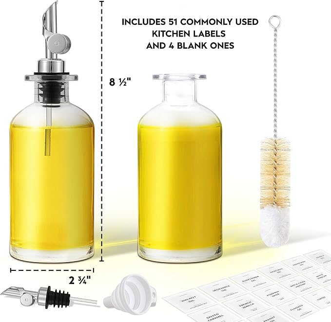 Olive Oil Dispenser Bottle - Includes 55 Kitchen Essential Labels - Cooking Oil Bottles for Kitchen, Coffee Syrup Dispenser - Pourer Spout with 11.8 fl oz Glass Container Cruet - 2pcs Silver