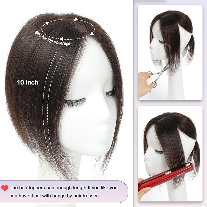 Human Hair Toppers for Women with Thinning Hair, 10 Inch, Dark Brown