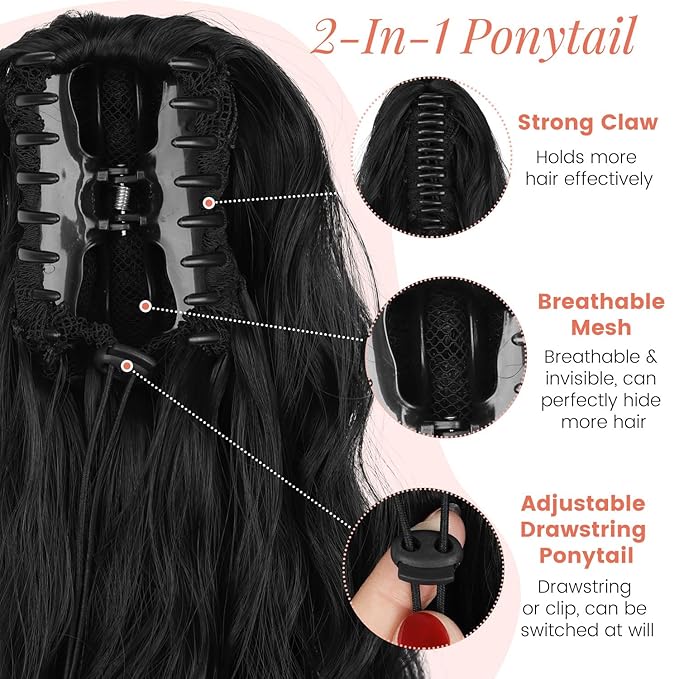 Ponytail Extension, 18 Inch Claw Clip Ponytail Extensions for Women Wavy Ponytail Hair Extension Jaw Clip on Pony Tails Hairpiece Fluffy Natural Synthetic for Daily Use (Natural Black)