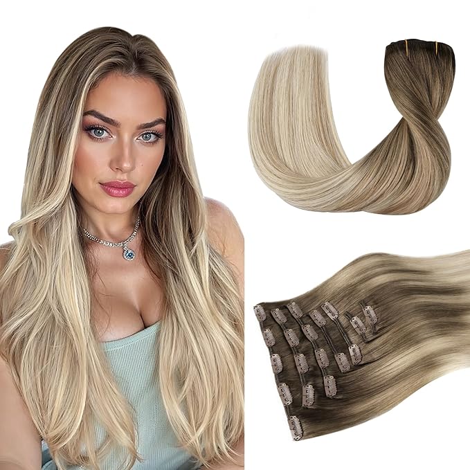 DOORES Clip in Hair Extensions Ash Brown to Dirty Blonde Balayage Platinum Blonde 120g 7pcs 16 Inch, Real Human Hair Extensions Clip in Straight Natural Remy Weft