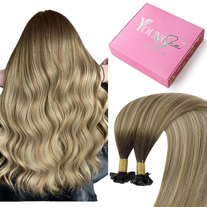 YoungSee K Tip Hair Extensions Balayage Keratin Tip Hair Extensions Balayage 24 Inch Long Dark Brown Ombre Brown with Blonde 50s/50g