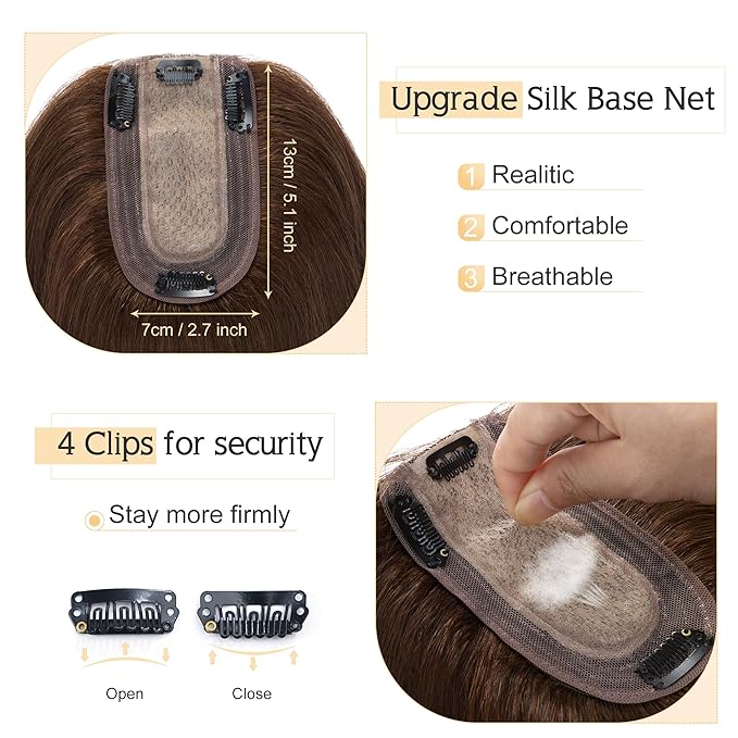 SEGO Human Hair Toppers for Women With Thinning Hair, 7 * 13CM Silk Base 100% Real Human Hair Clip in Top Wiglet Hairpieces /8 Inch No Bangs /4 Medium Brown