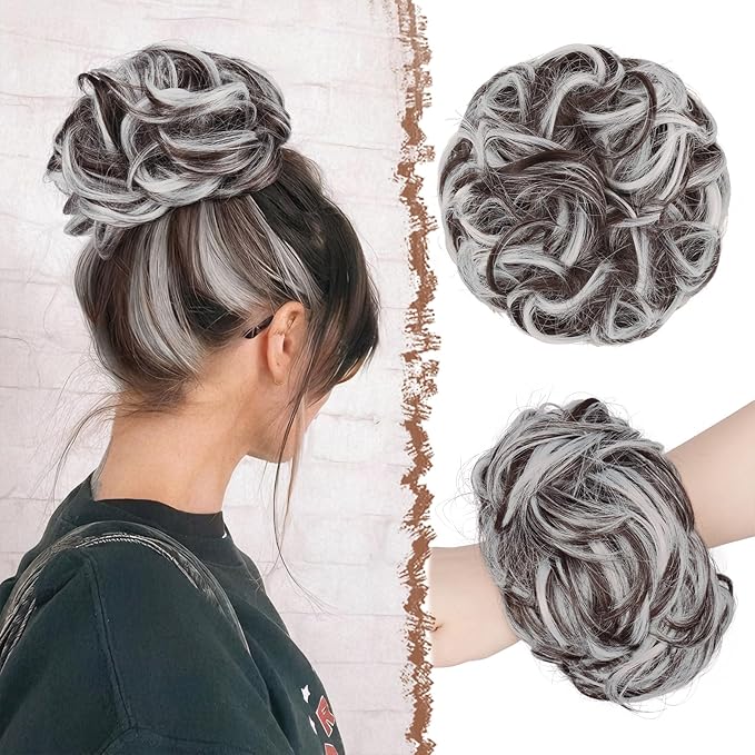 FESHFEN Messy Bun Hair Piece - Large Elastic Wavy Curly Hair Bun Scrunchies Ponytail Extensions Synthetic Chignon Hairpieces for Women, Brown Gray Mix 1.94oz