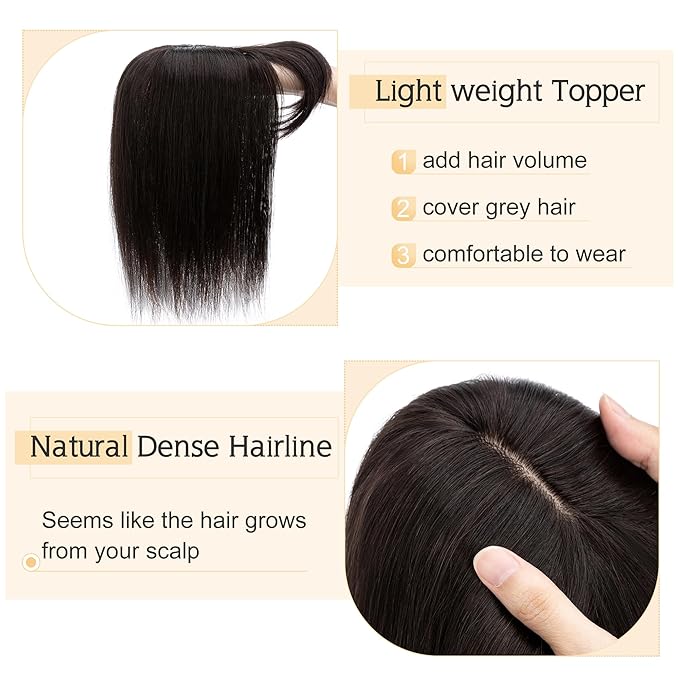 SEGO Hair Toppers for Women Real Human Hair With Bangs, 7 * 13CM Silk Base 100% Remy Human Hair Clip in Top Wiglet Hairpieces Add Volume -10 Inch Natural Black