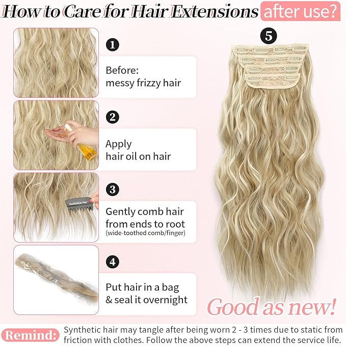 KooKaStyle Beach Blonde Hair Extensions Clip in Synthetic Highlight Hair Extensions Long Wavy 4PCS Thick Hairpieces 20 Inch for Women