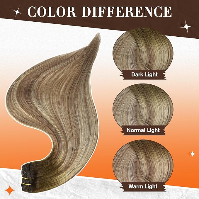 Full Shine Ombre Hair Extensions Clip in Human Hair Dark Brown Roots Ash Brown Mix Medium Blonde Lace Weft Clip in Hair Extension for Women 18 Inch 3 PCS 60 G