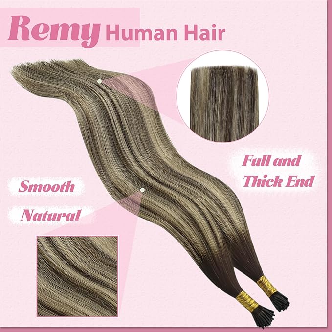YoungSee I Tip Hair Extensions Balayage I Tip Extensions Brown Ombre Dark Brown with Ash Blonde Itips Real Human Hair Extension Itips Brown Hair Extension 14Inch 50g 80s Cold Fusion Hair Extension