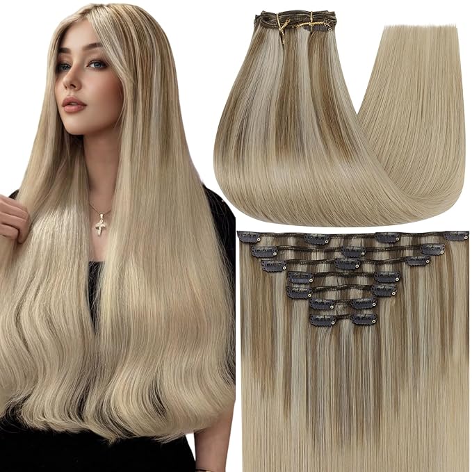 Full Shine Human Hair Extensions Blonde 14 Inch Teddy Bear Blonde Balayage Real Hair Extensions Clip in Human Hair 120 G 7 Pcs