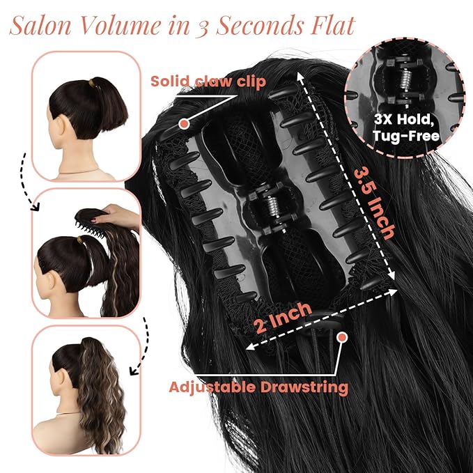 Ponytail Extension, 18 Inch Claw Clip Ponytail Extensions for Women Wavy Ponytail Hair Extension Jaw Clip on Pony Tails Hairpiece Fluffy Natural Synthetic for Daily Use (Natural Black)