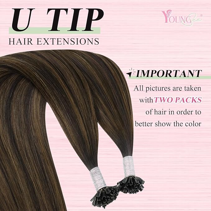 YoungSee U Tip Hair Extensions Human Hair Brown Balayage Utip Hair Extensions Human Hair Dark Brown Ombre Keratin Tip Hair Extensions Real Human-Hair 16In Ombre K Tips Hair 50s/50G for Everyday Wear