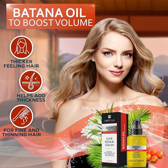 Batana Oil Hair Serum - Repair Thinning, Dry, Damaged, Fine and Split Ends - Thickening, Lightweight Formula - Anti Frizz and Heat Protection Control Products for Men and Women - Curly and Frizzy Mix