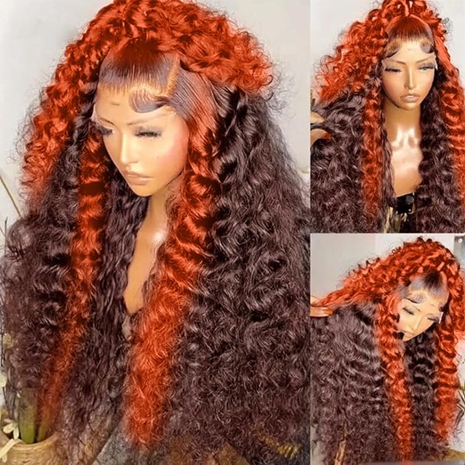 250 density Deep Wave Lace Front Wigs Human Hair Pre Plucked Hairline Glueless Wigs Human Hair for Women 13x6 HD Lace Front Wigs Ginger Orange Curly Human Hair Wig Brazilian 24 Inch