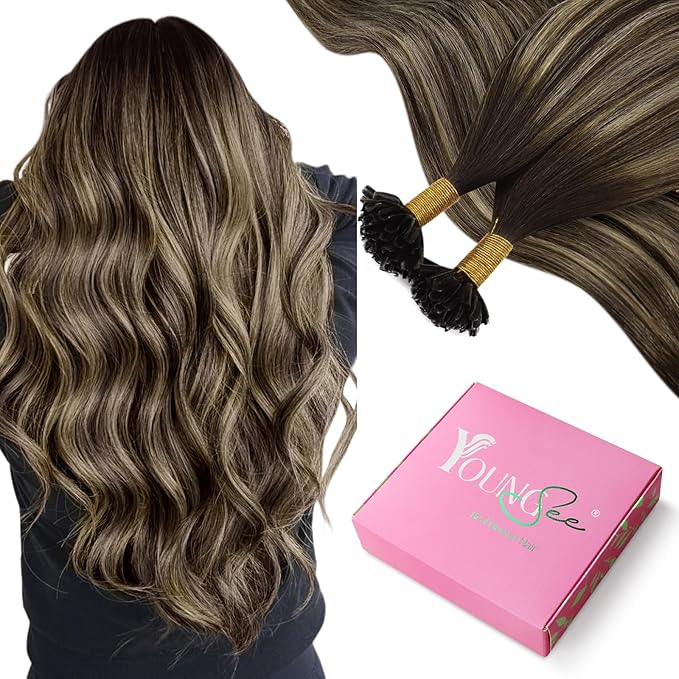 YoungSee Ombre K Tip Hair Extensions Real Human Hair Ombre Dark Brown Mixed Ash Blonde Natural Hair Extensions Utips Human Hair for Women 14In 1G/S 50G