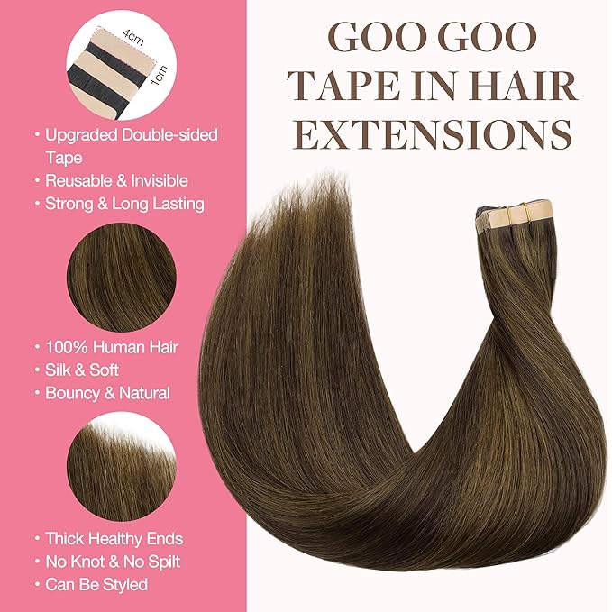GOO GOO Tape in Hair Extensions Human Hair, 2C/4E/6C Brown Sugar Swirl Highlights, 16inch 50g 20pcs, Skin Weft Seamless Invisible, Silky Straight with Thick Ends, Remy Human Hair