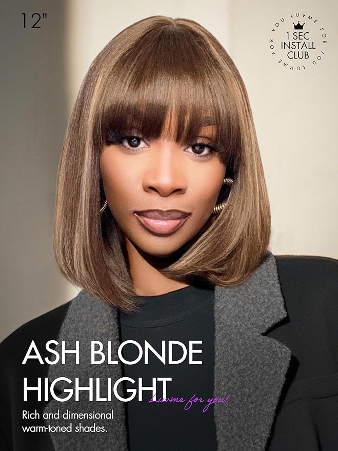 LUVME HAIR 10 Inch Yaki Straight Bob Wig with Bangs Ash Blonde Highlights Blunt Cut Bob Wig Human Hair Glueless HD Lace Bob Wig Ready to Go Short Wigs For Women 180 Density (Breathable Cap)